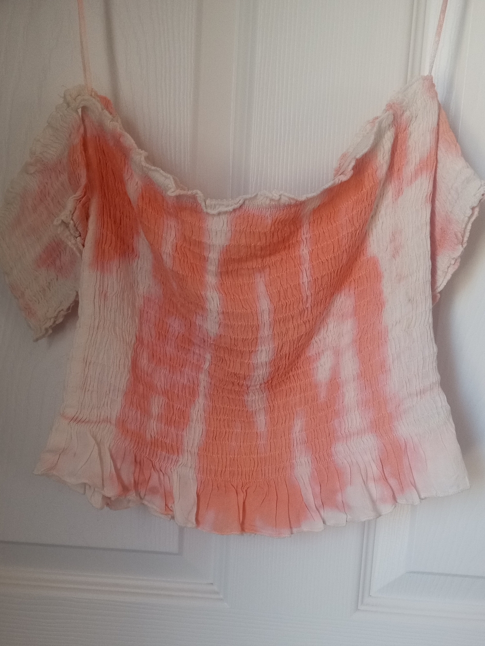 Kiwi Coral Tie-Dye Smocked Off-Shoulder Crop Top